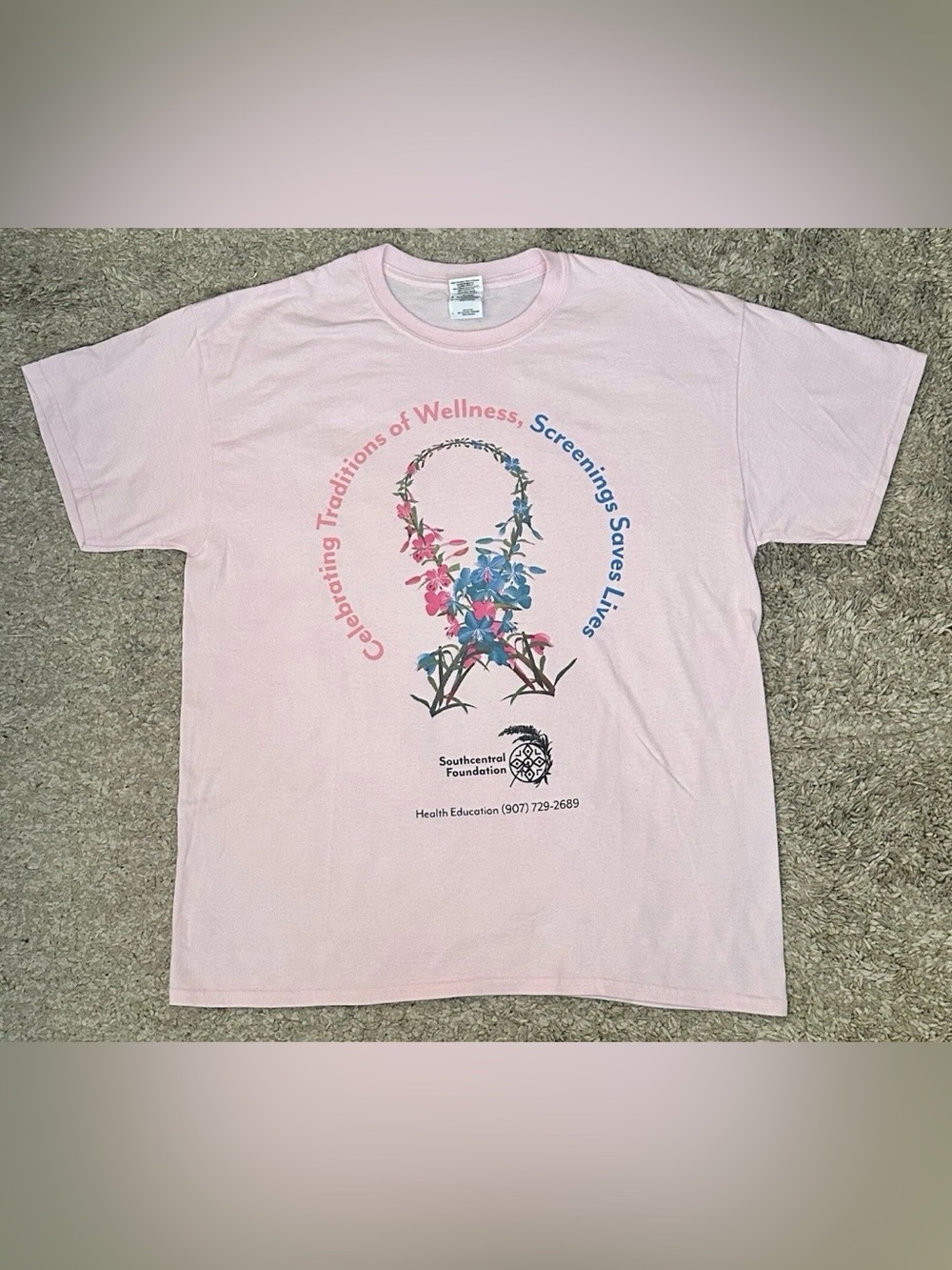 Gildan DryBlend Women’s Size L Pink Crew Neck Graphic Logo Short Sleeve T-Shirt